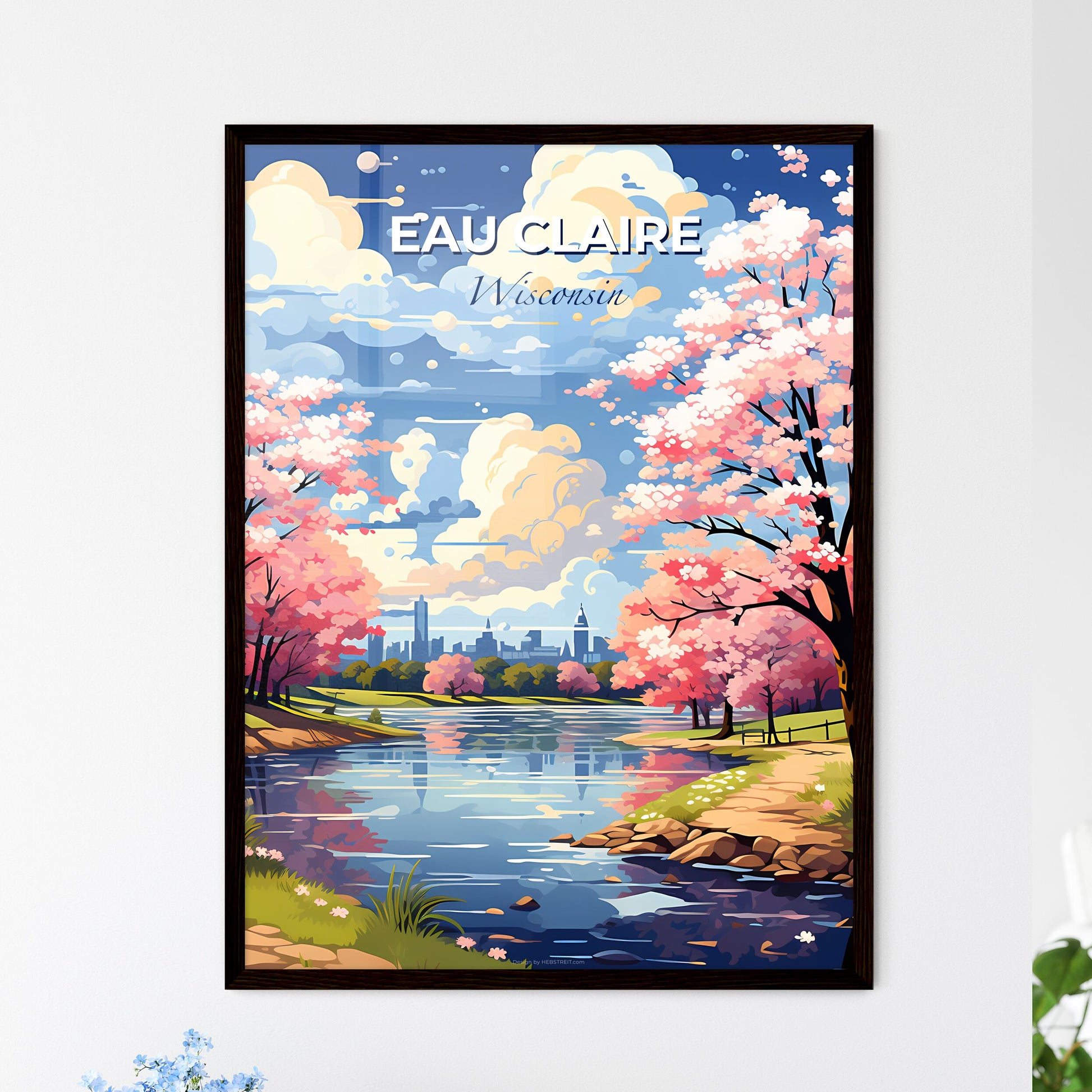 Eau Claire, Wisconsin, A Poster of a river with pink trees and a city in the background Default Title