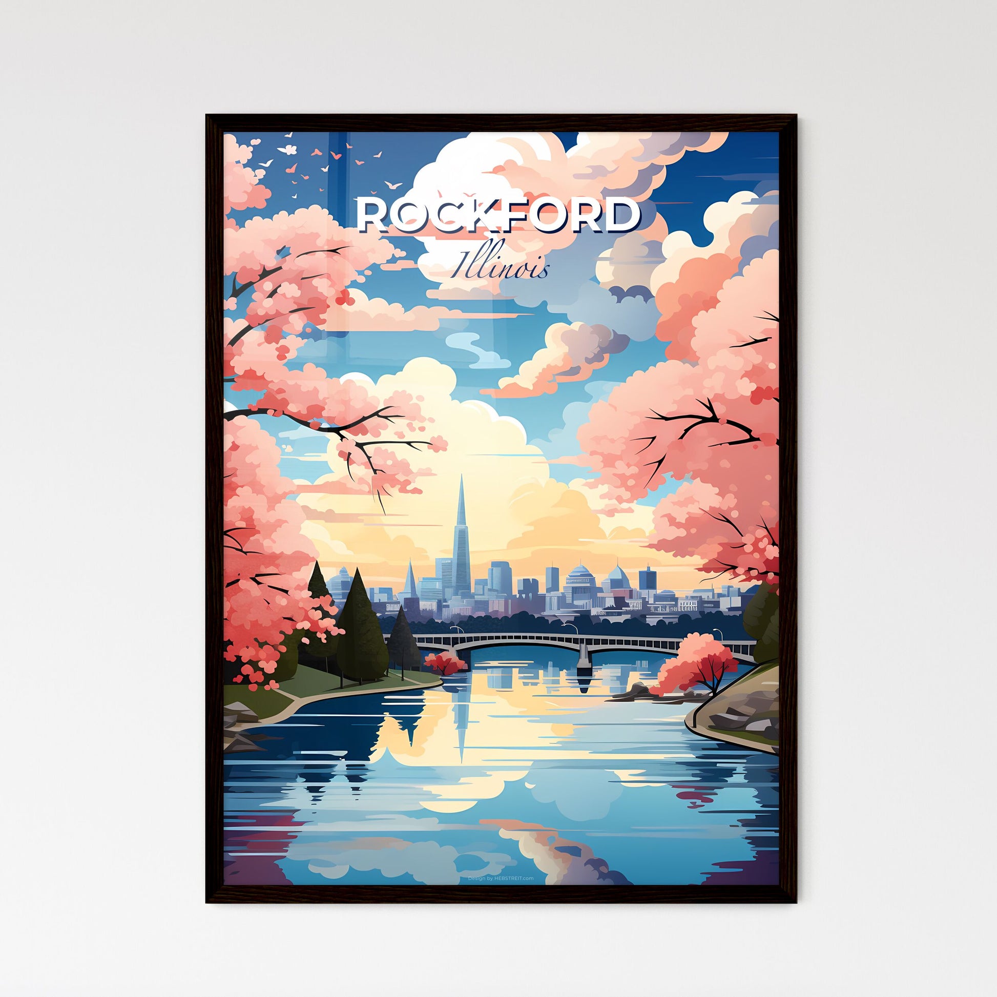 Rockford, Illinois, A Poster of a river with pink trees and a city in the background Default Title