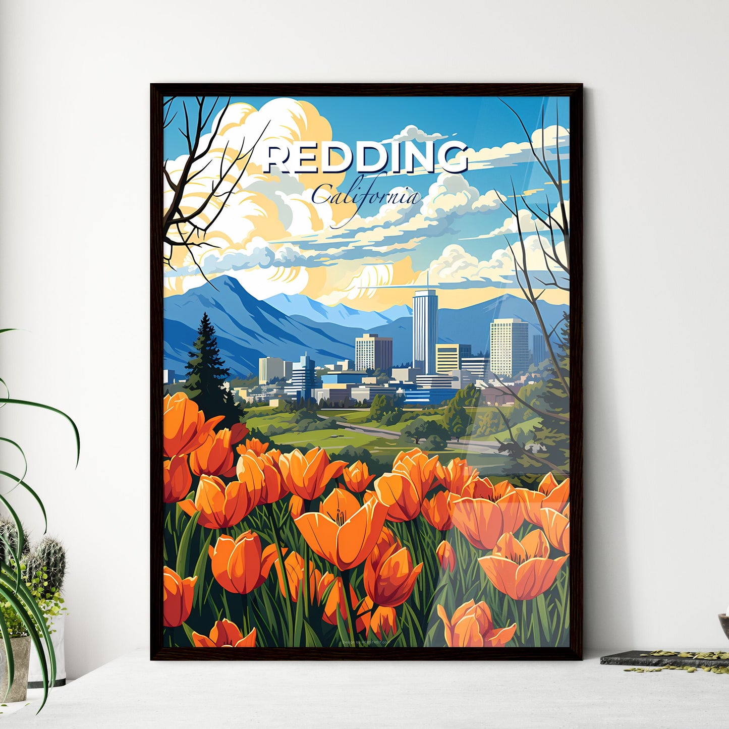 Redding, California, A Poster of a colorful landscape with orange flowers and mountains in the background Default Title