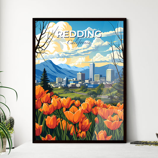 Redding, California, A Poster of a colorful landscape with orange flowers and mountains in the background Default Title