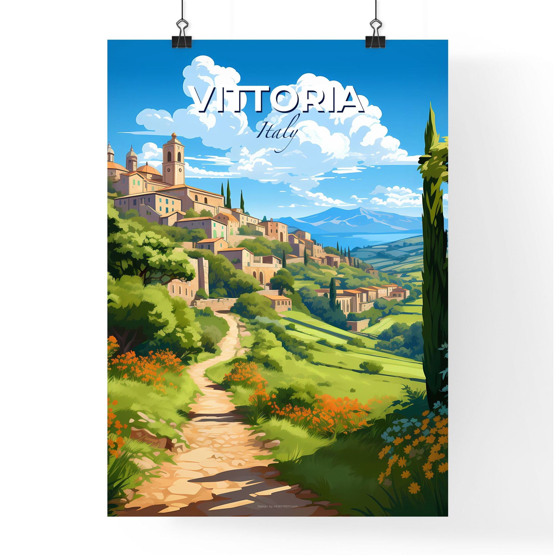 Vittoria, Italy, A Poster of a landscape with a path and a town on the hill Default Title