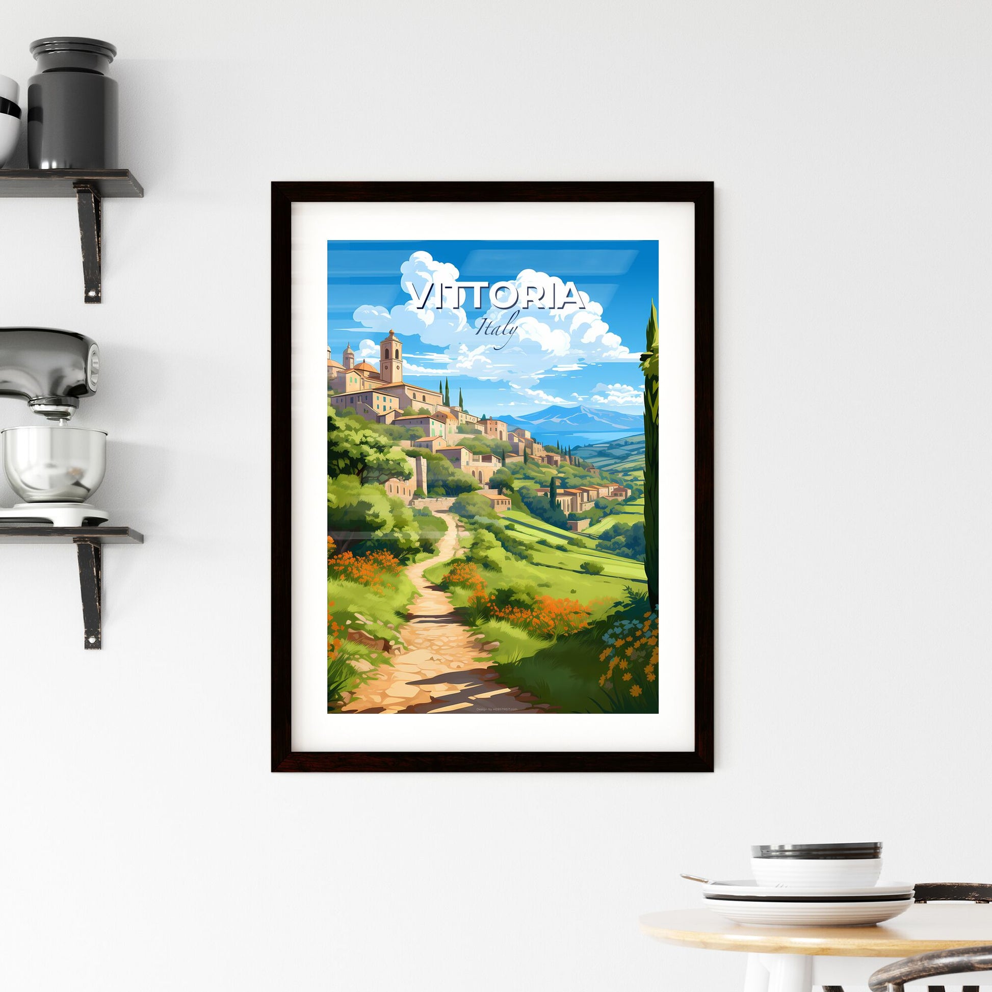Vittoria, Italy, A Poster of a landscape with a path and a town on the hill Default Title