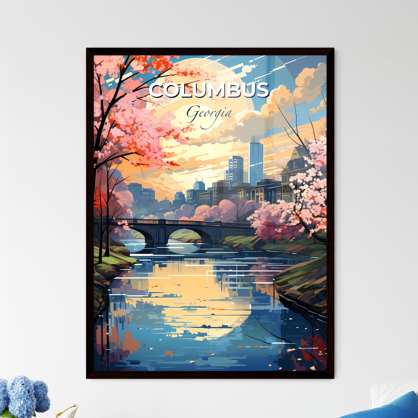 Columbus, Georgia, A Poster of a river with a bridge and trees with pink flowers Default Title