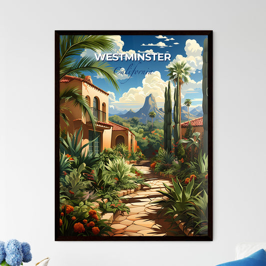 Westminster, California, A Poster of a stone path between buildings with plants and trees Default Title