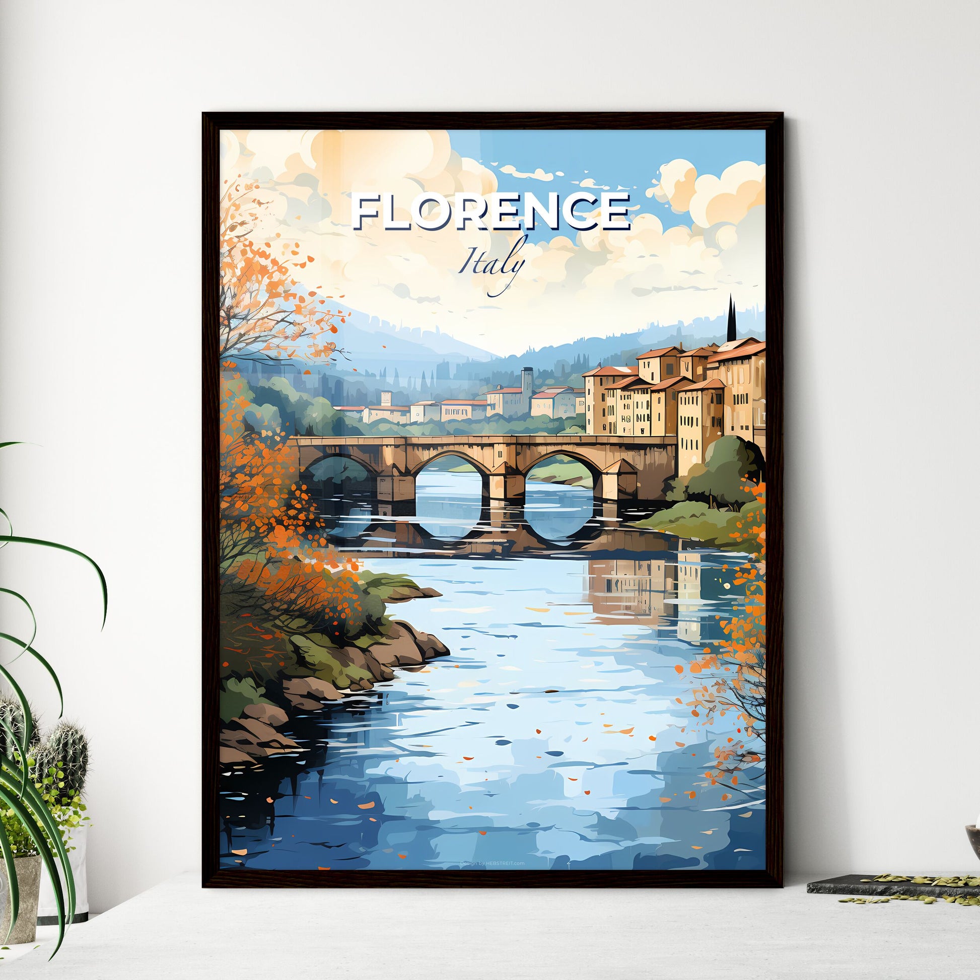 Florence, Italy, A Poster of a bridge over a river with trees and buildings Default Title