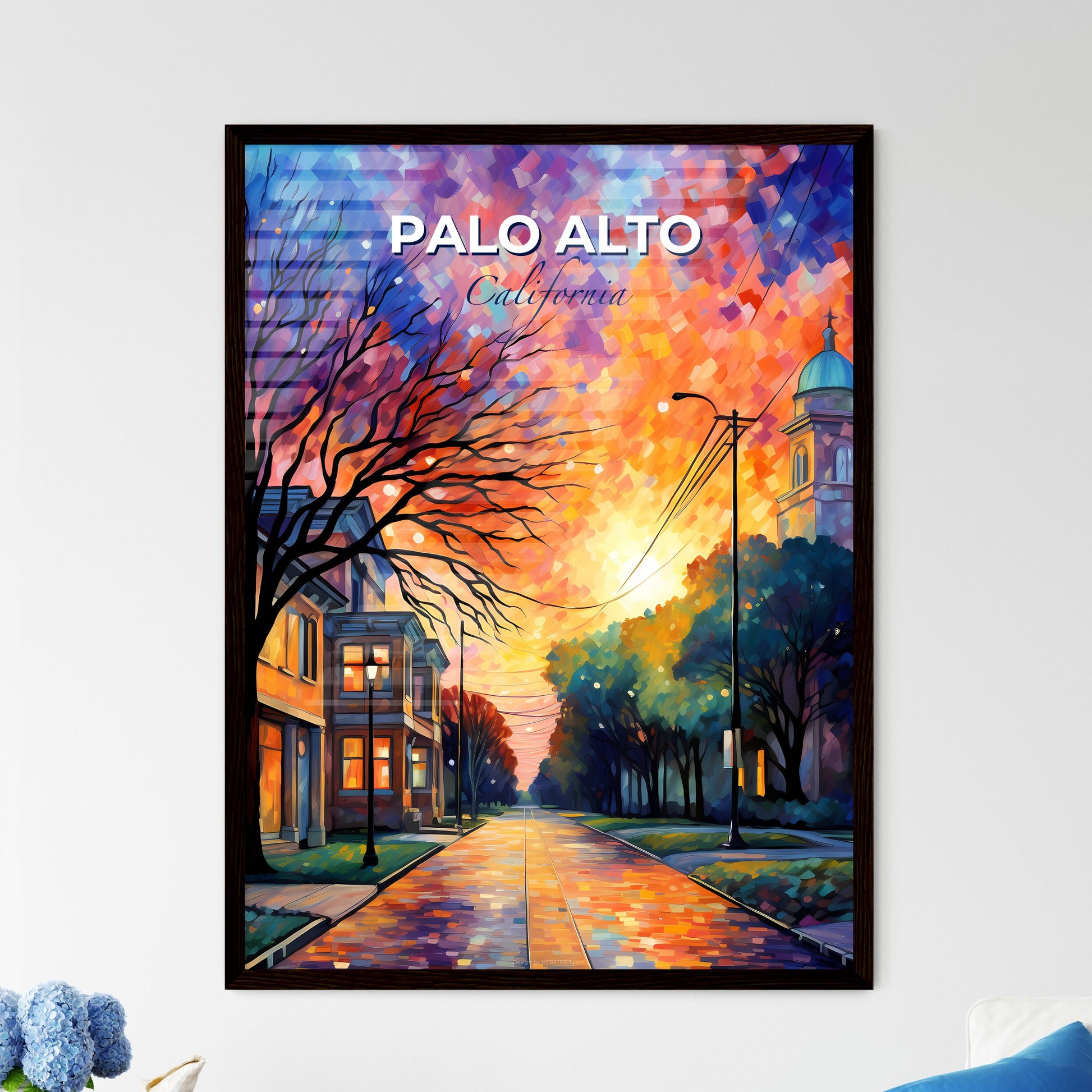 Palo Alto, California, A Poster of a street with trees and a church in the background Default Title