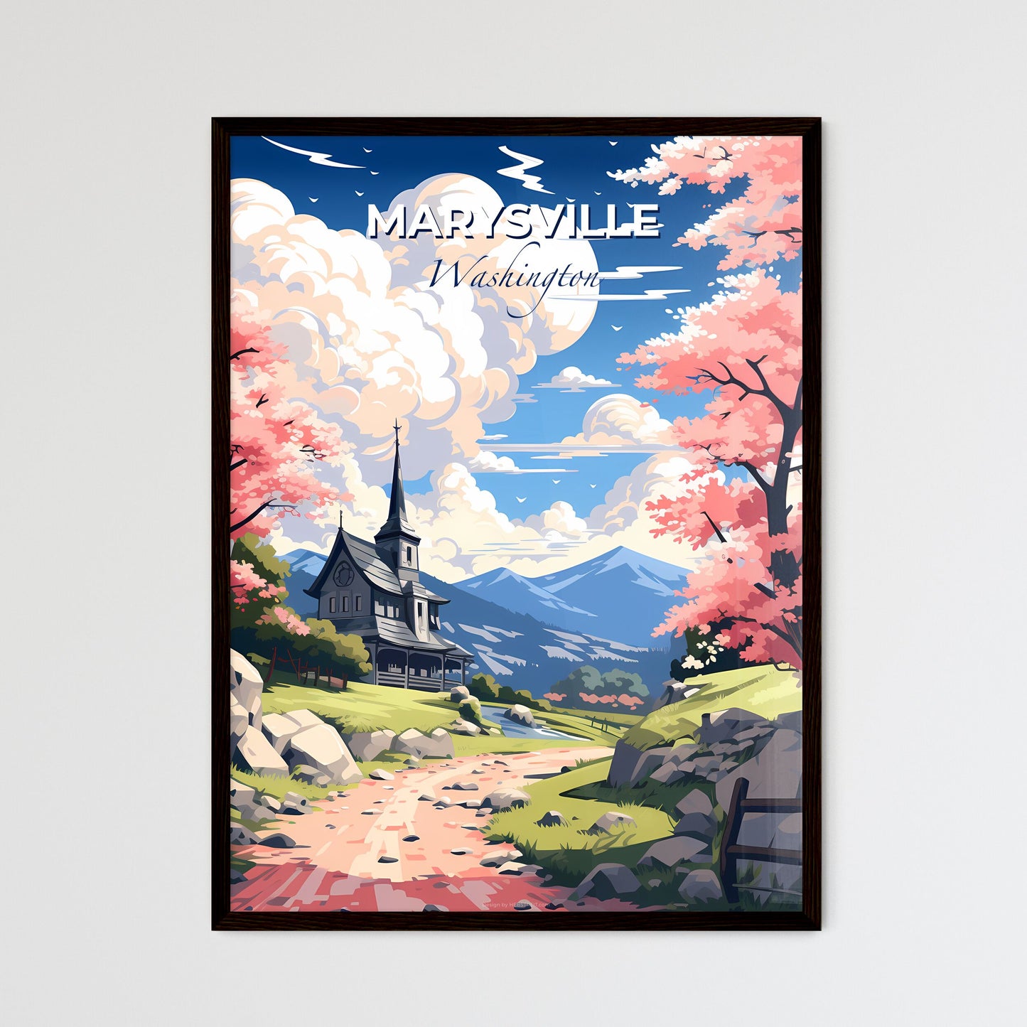 Marysville, Washington, A Poster of a house on a hill with pink trees and mountains Default Title