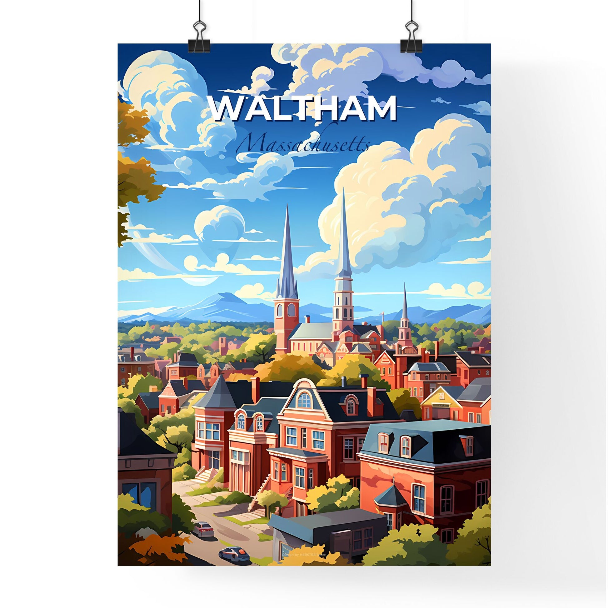 Waltham, Massachusetts, A Poster of a city with trees and buildings Default Title