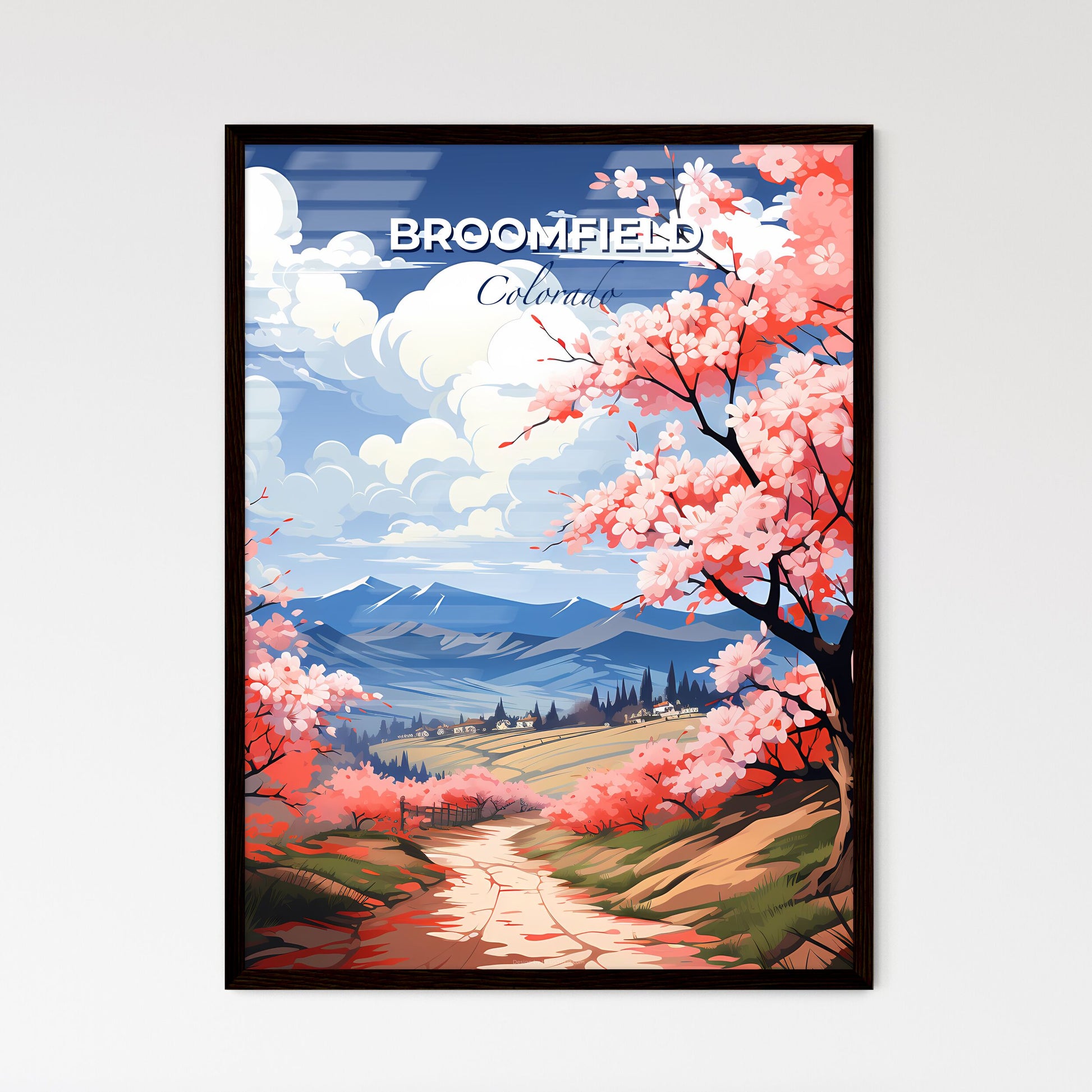 Broomfield, Colorado, A Poster of a landscape with pink flowers and mountains Default Title