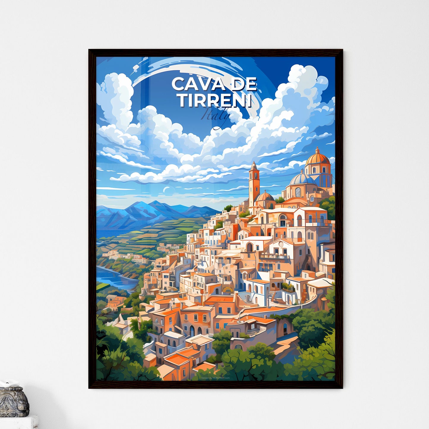 Cava De Tirreni, Italy, A Poster of a painting of a town with a river and mountains Default Title
