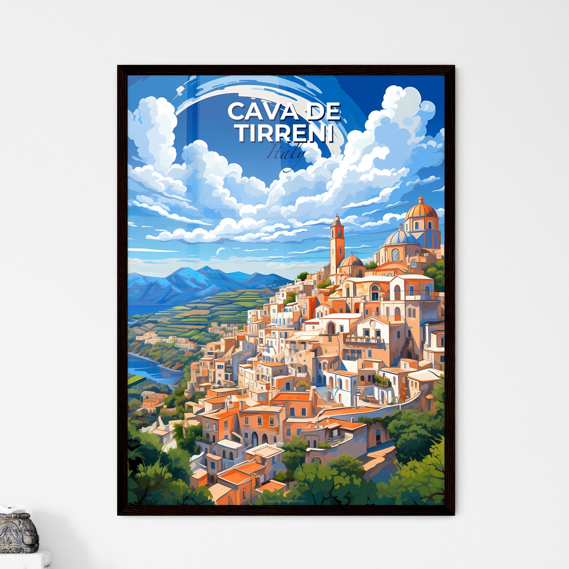 Cava De Tirreni, Italy, A Poster of a painting of a town with a river and mountains Default Title