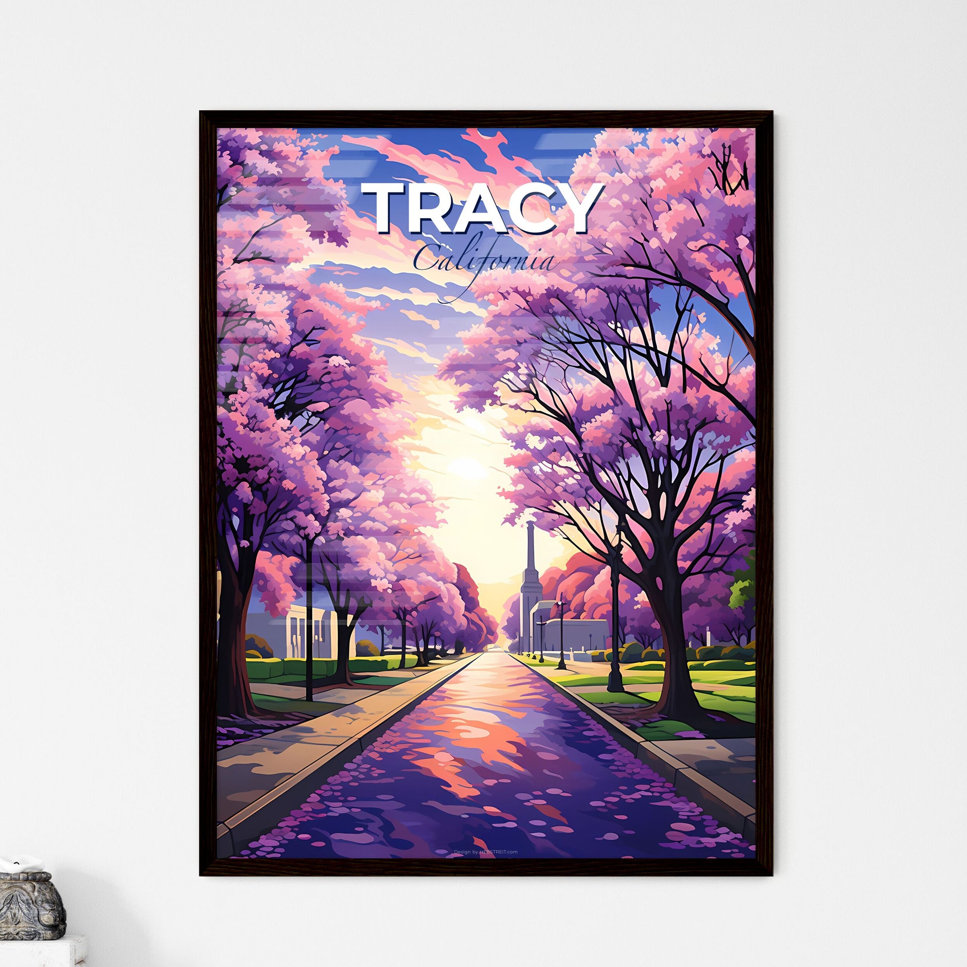 Tracy, California, A Poster of a road with pink trees and a monument Default Title