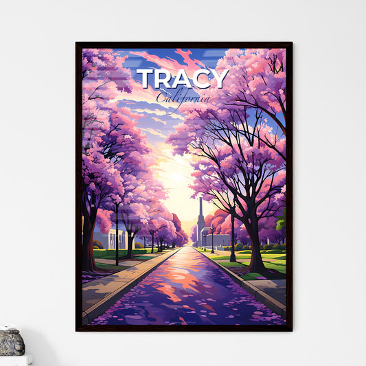 Tracy, California, A Poster of a road with pink trees and a monument Default Title