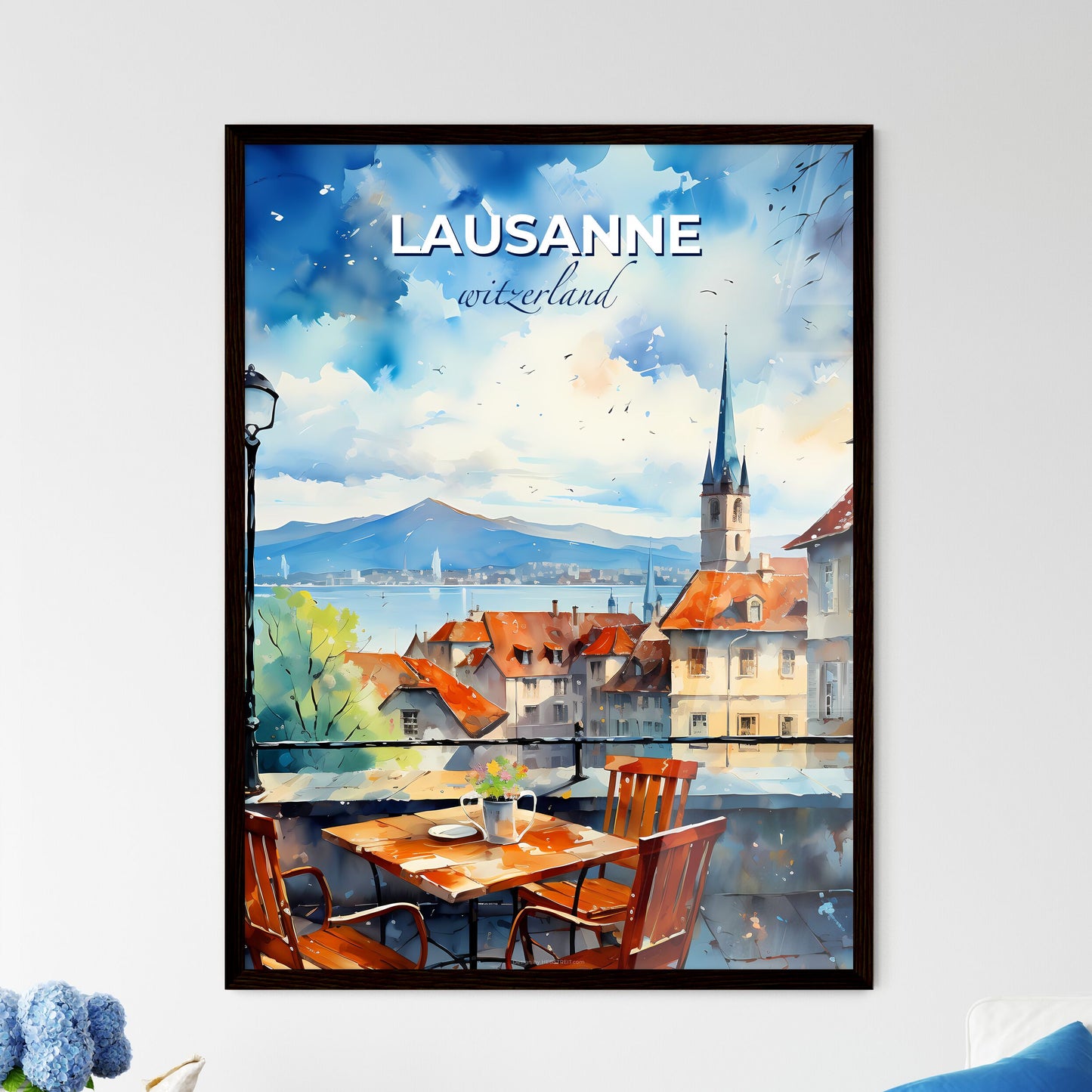 Lausanne, witzerland, A Poster of a watercolor painting of a city with a table and chairs Default Title