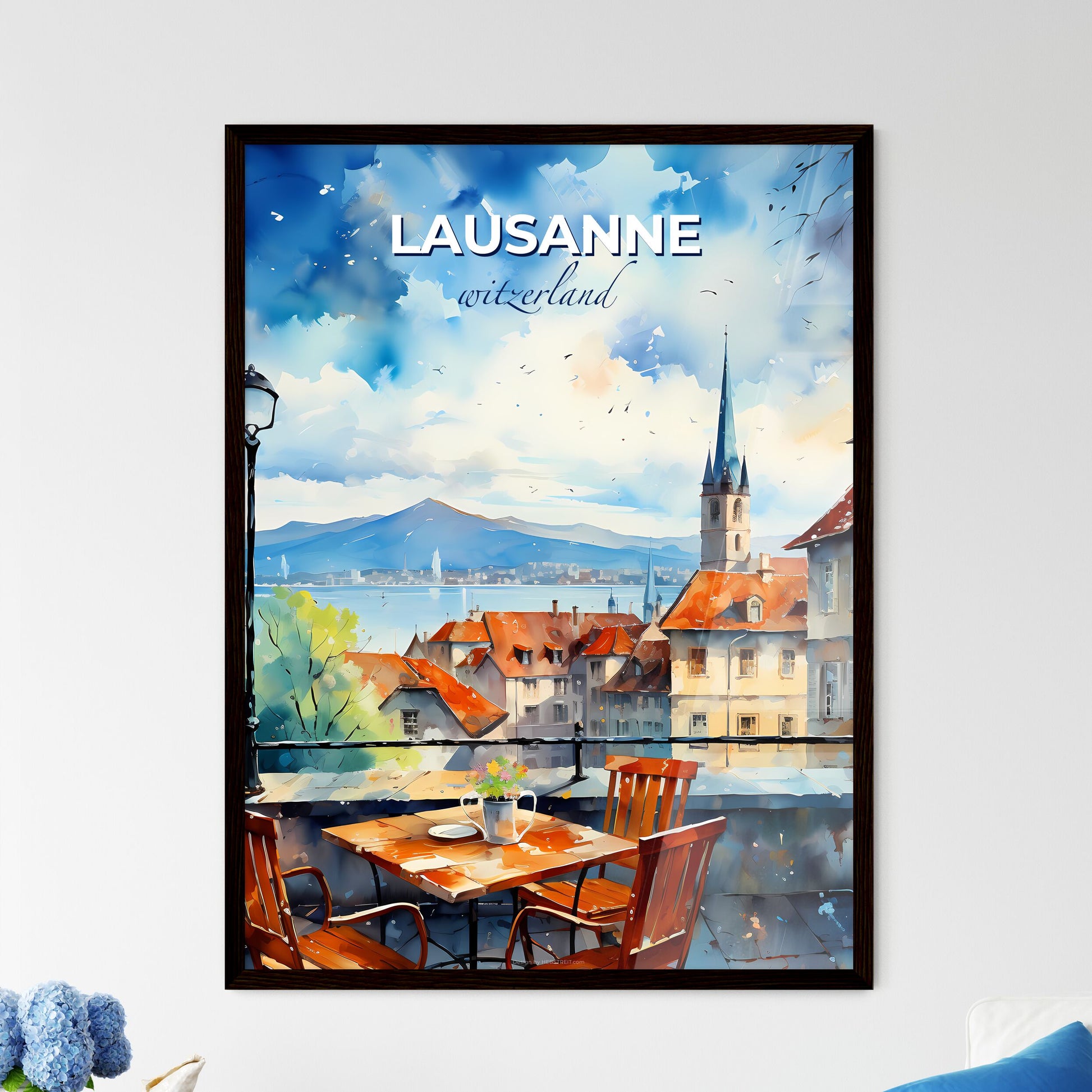 Lausanne, witzerland, A Poster of a watercolor painting of a city with a table and chairs Default Title