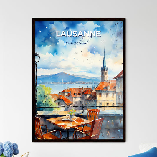 Lausanne, witzerland, A Poster of a watercolor painting of a city with a table and chairs Default Title