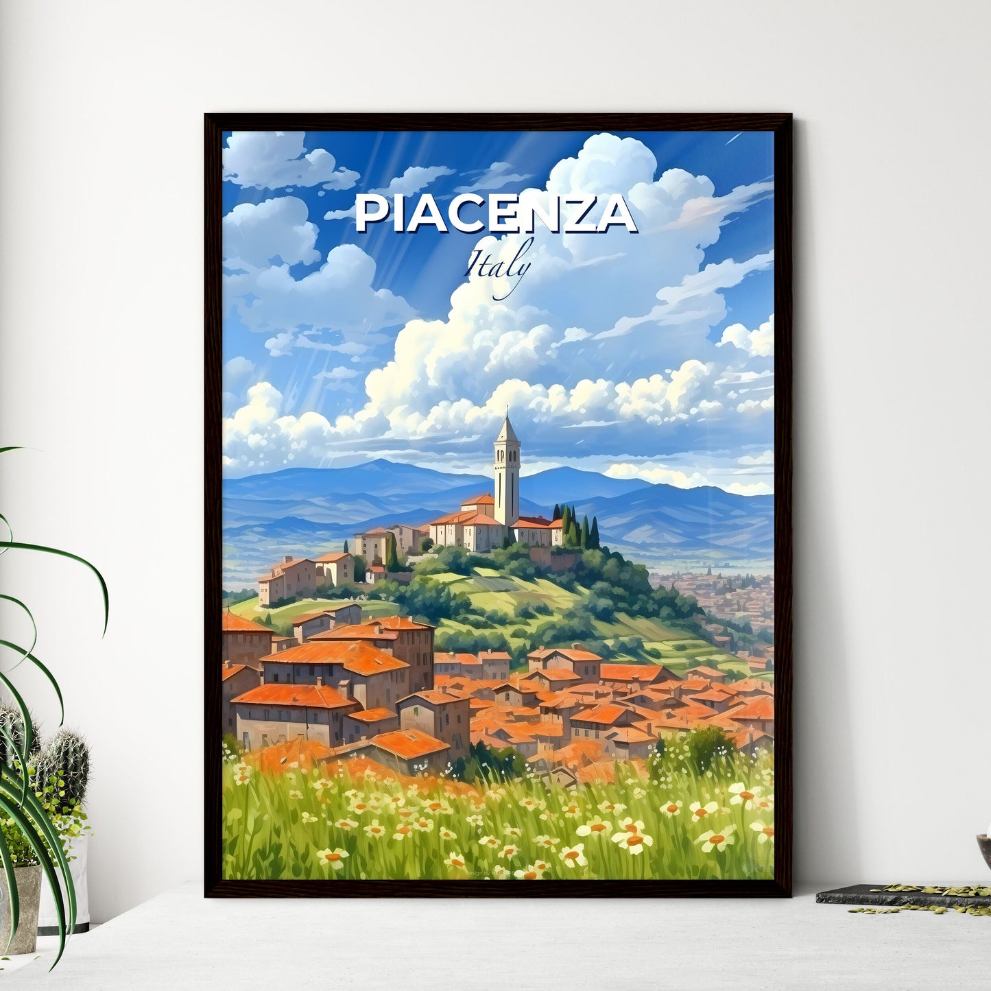 Piacenza, Italy, A Poster of a landscape of a town with a tower on a hill Default Title
