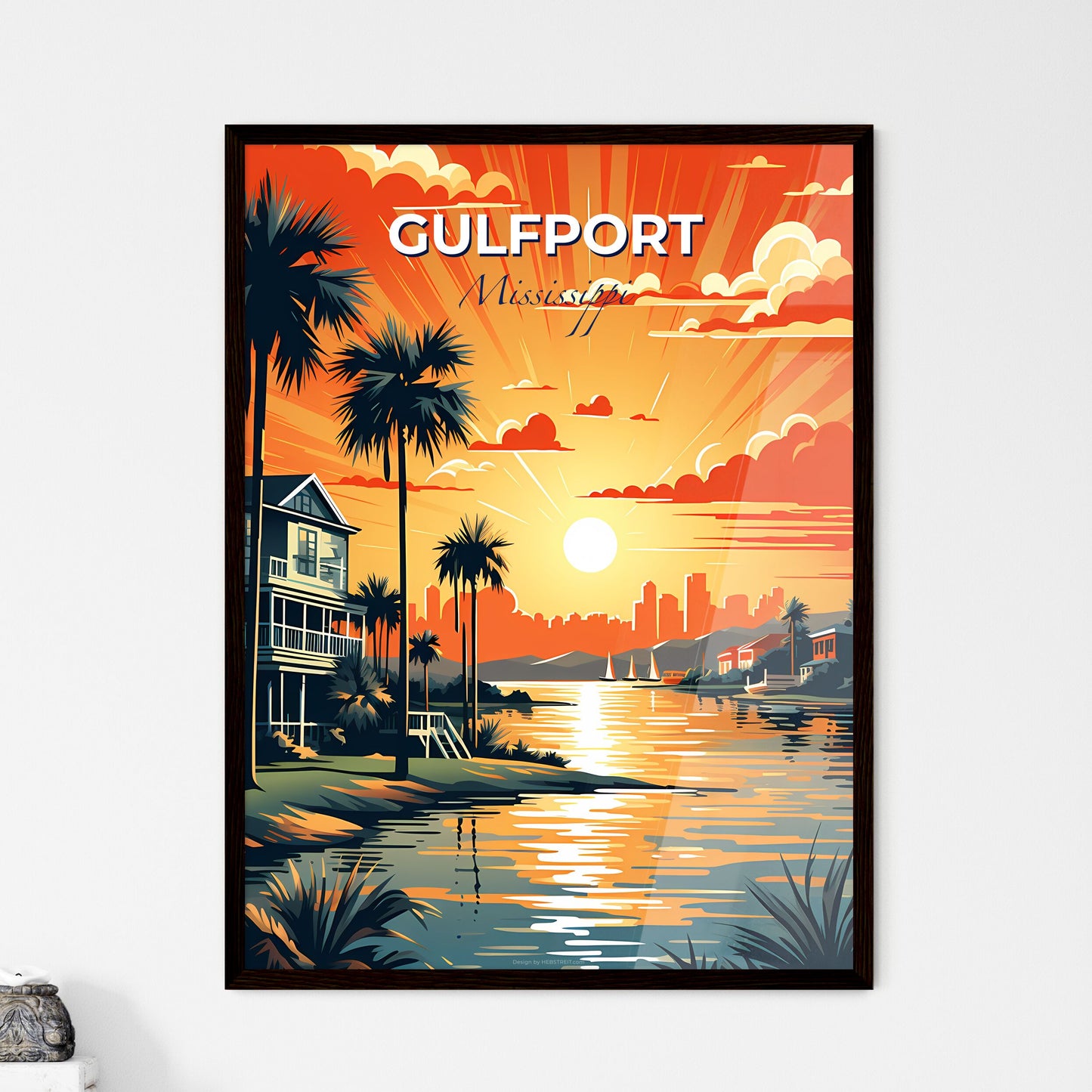 Gulfport, Mississippi, A Poster of a sunset over a body of water with a house and palm trees Default Title
