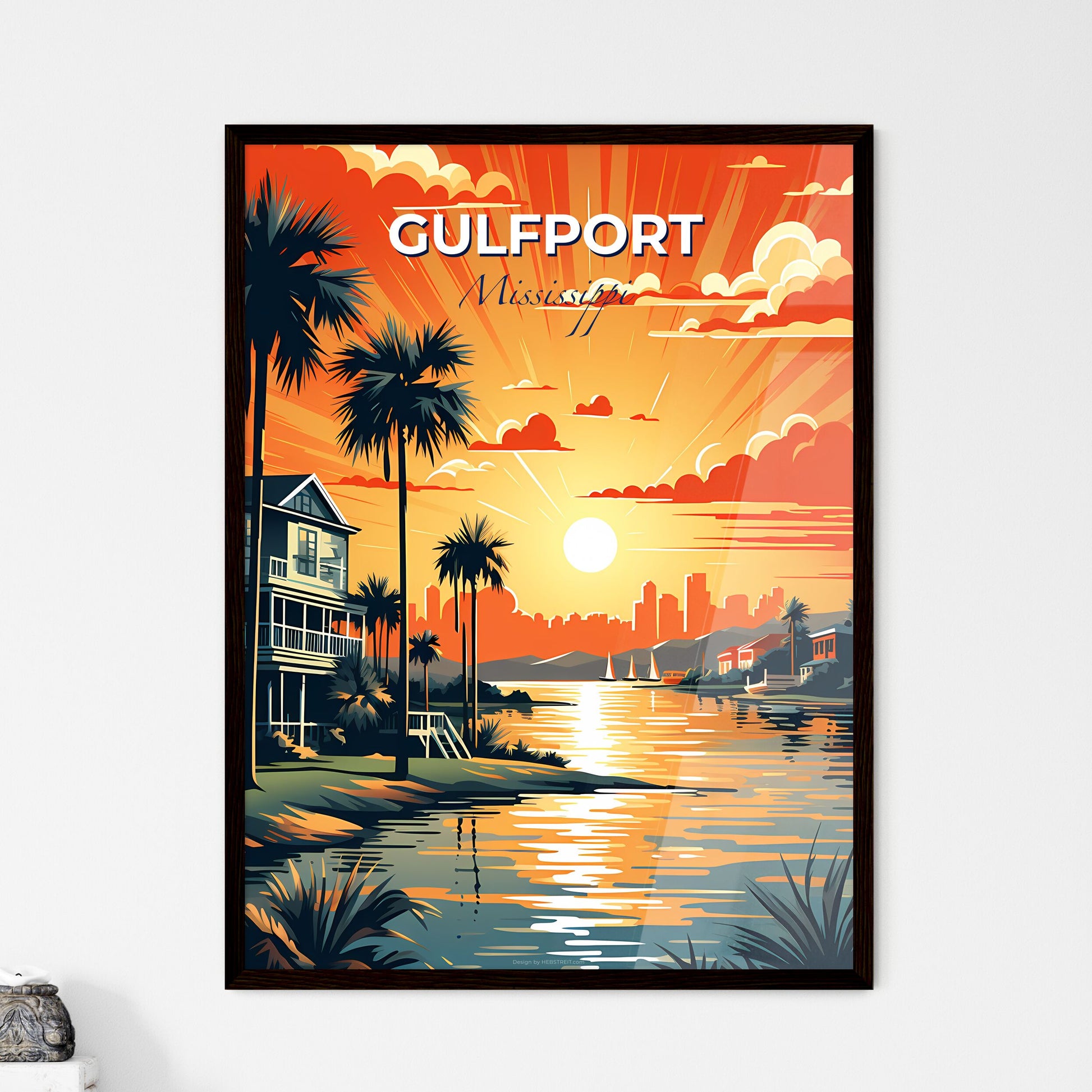 Gulfport, Mississippi, A Poster of a sunset over a body of water with a house and palm trees Default Title