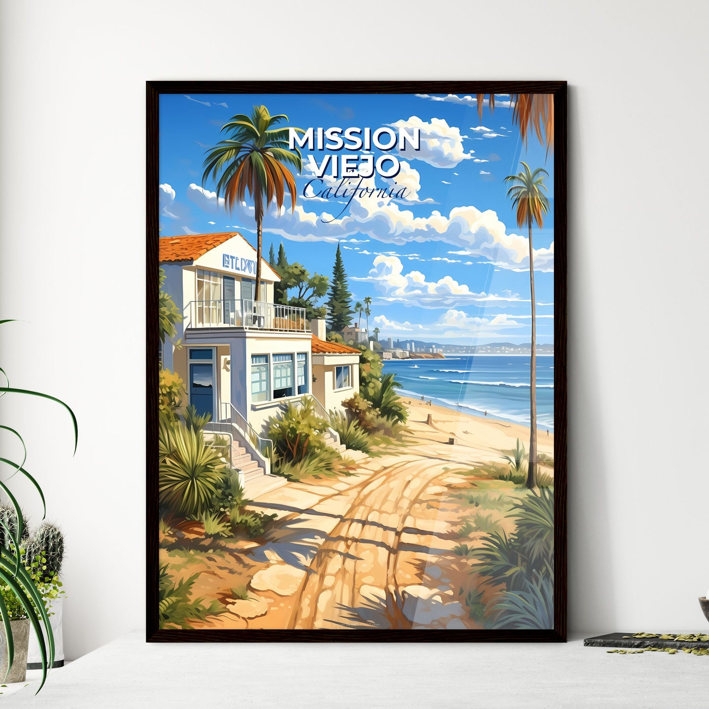 Mission Viejo, California, A Poster of a beach with palm trees and a building Default Title