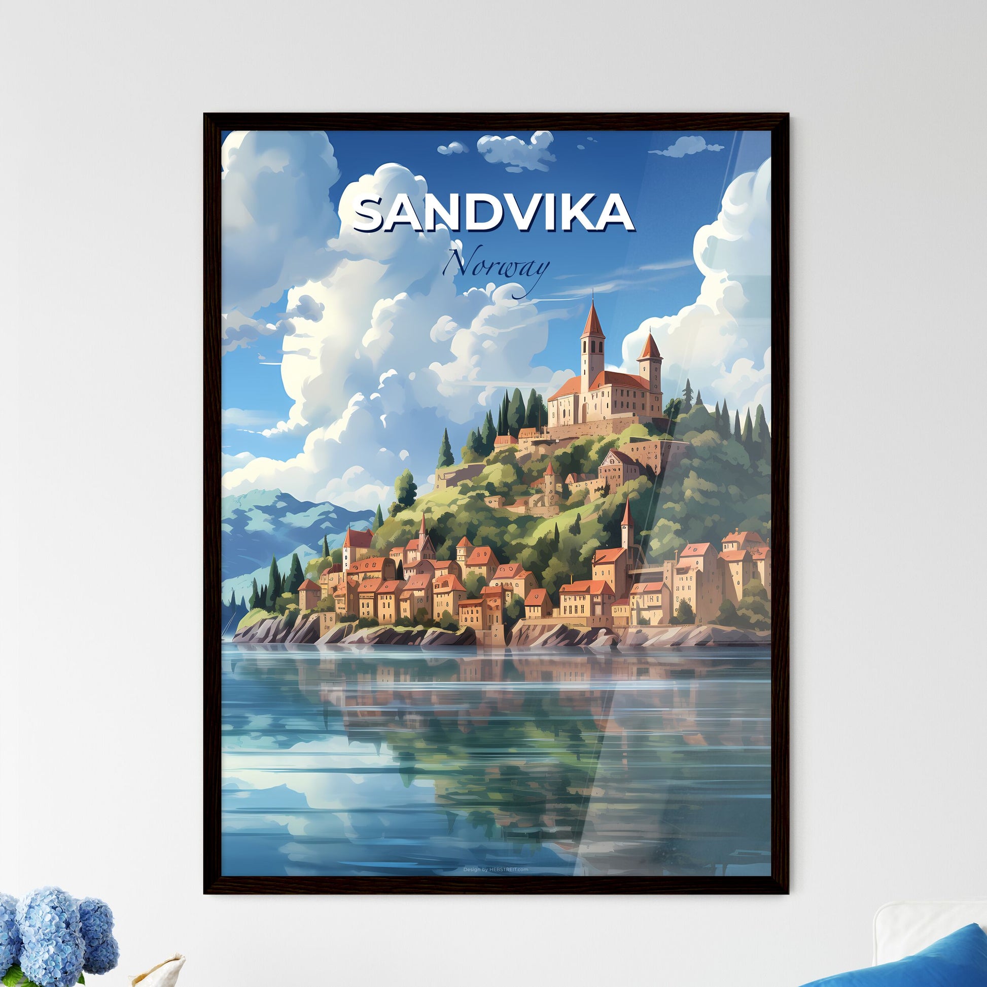 Sandvika, Norway, A Poster of a town on a hill with trees and mountains in the background Default Title