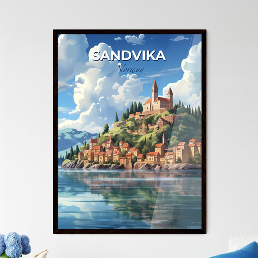 Sandvika, Norway, A Poster of a town on a hill with trees and mountains in the background Default Title