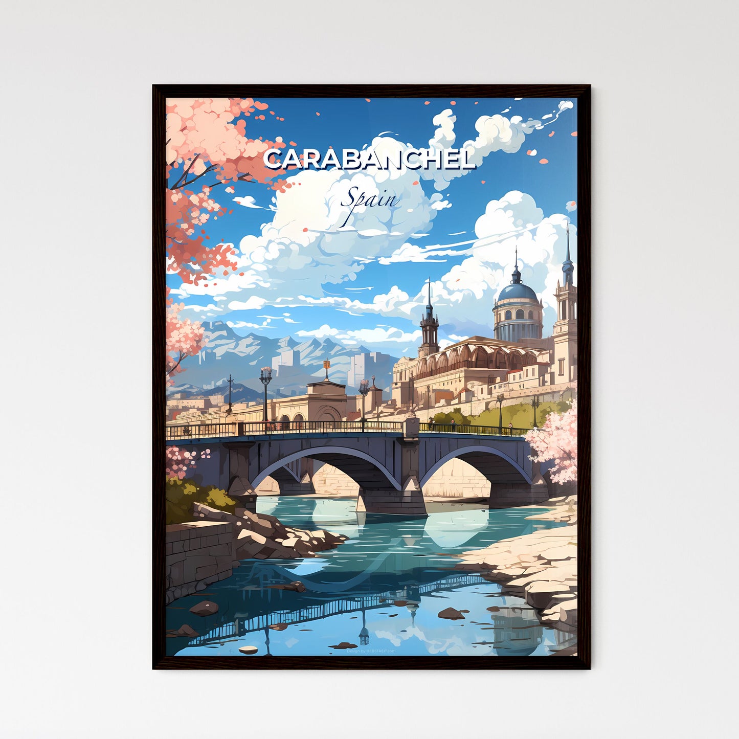 Carabanchel, Spain, A Poster of a bridge over a river with a castle and trees Default Title
