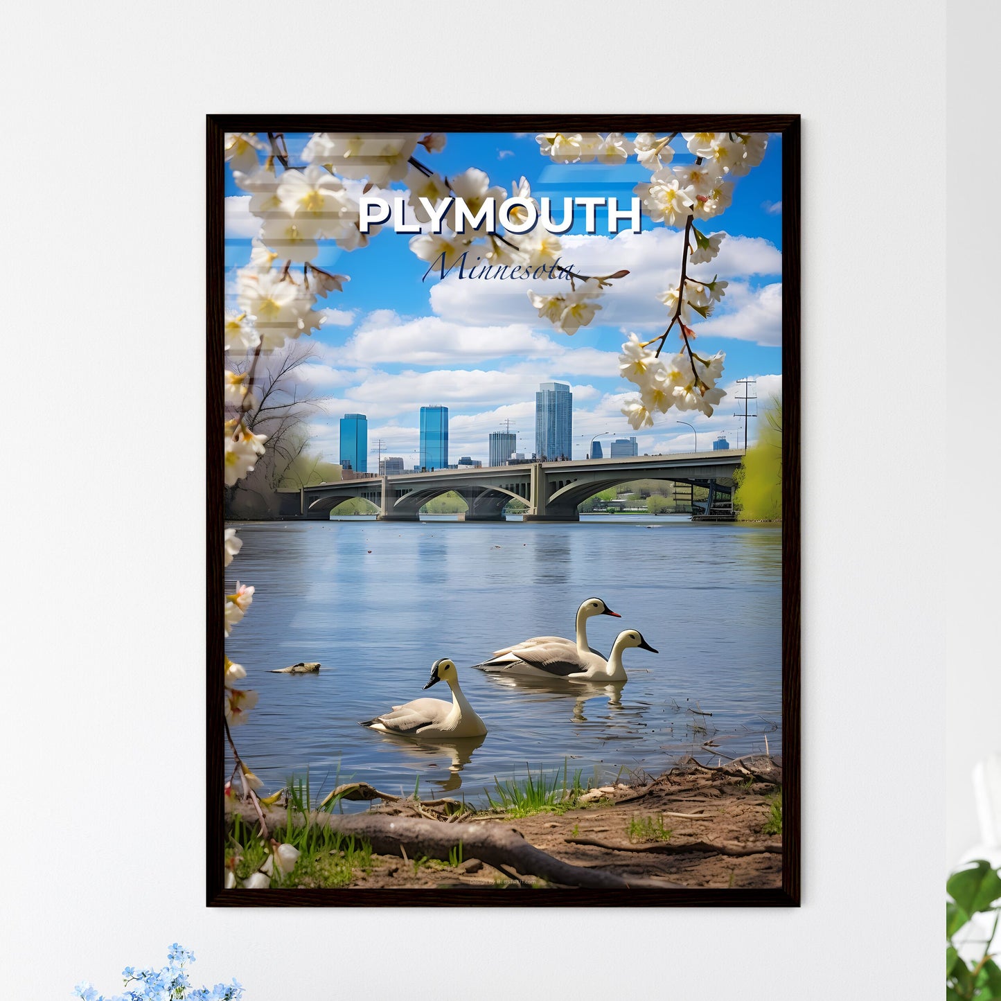 Plymouth, Minnesota, A Poster of a group of ducks swimming in a lake with a bridge in the background Default Title
