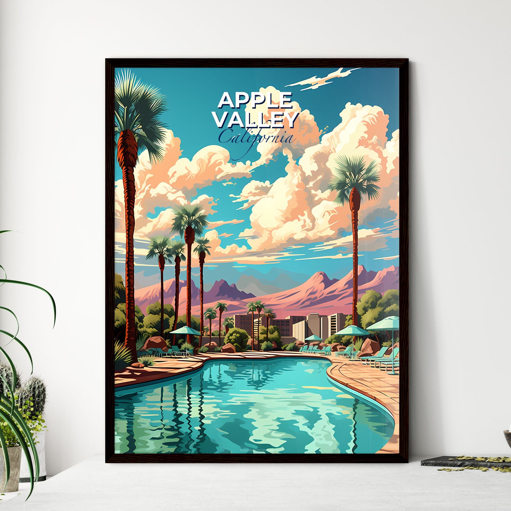 Apple Valley, California, A Poster of a pool with palm trees and mountains in the background Default Title