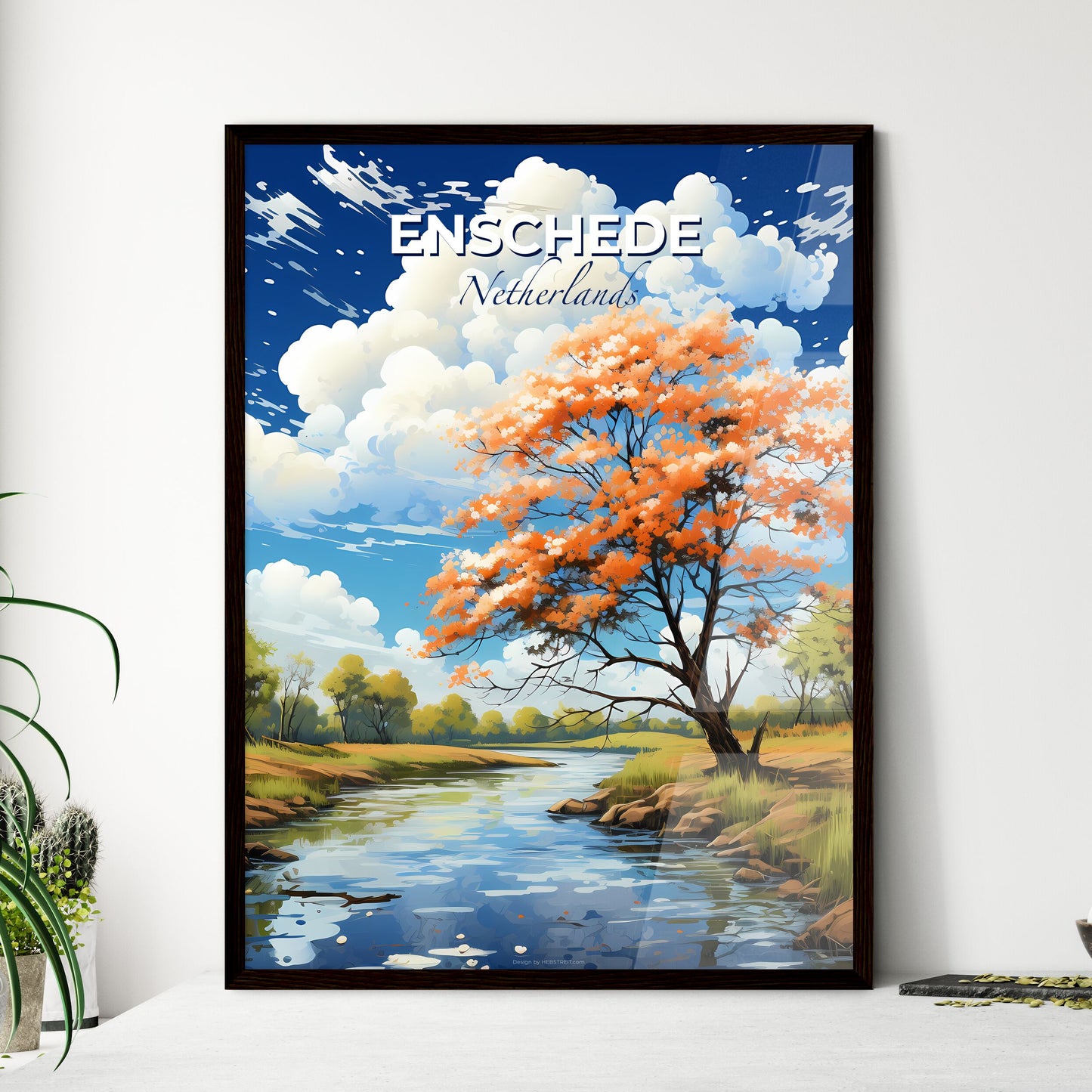 Enschede, Netherlands, A Poster of a river with a tree and grass and blue sky Default Title