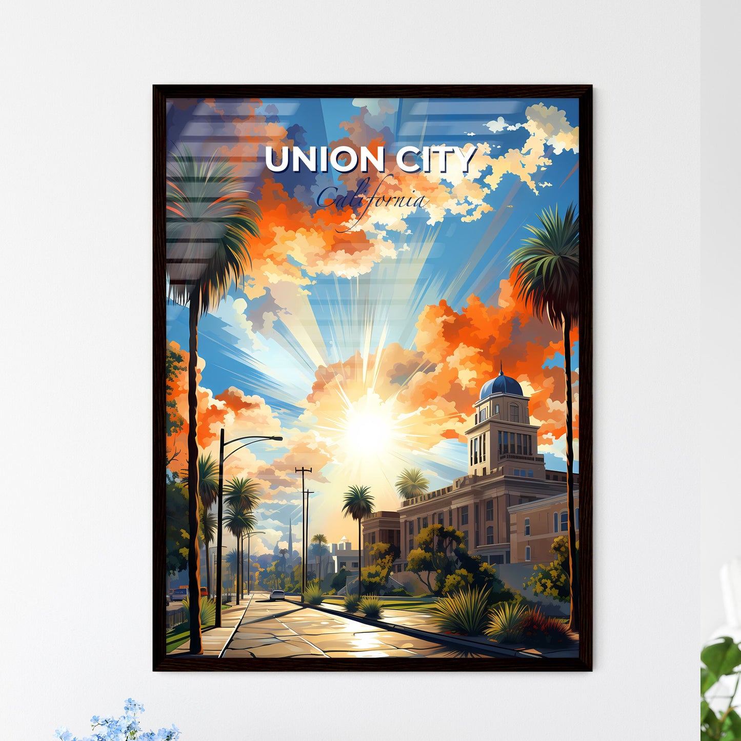 Union City, California, A Poster of a building with palm trees and a street with a building in the background Default Title