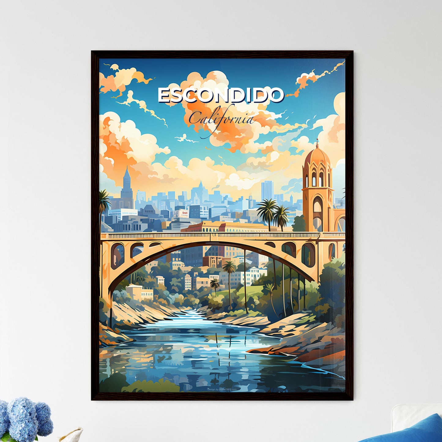 Escondido, California, A Poster of a bridge over a river with trees and a city in the background Default Title