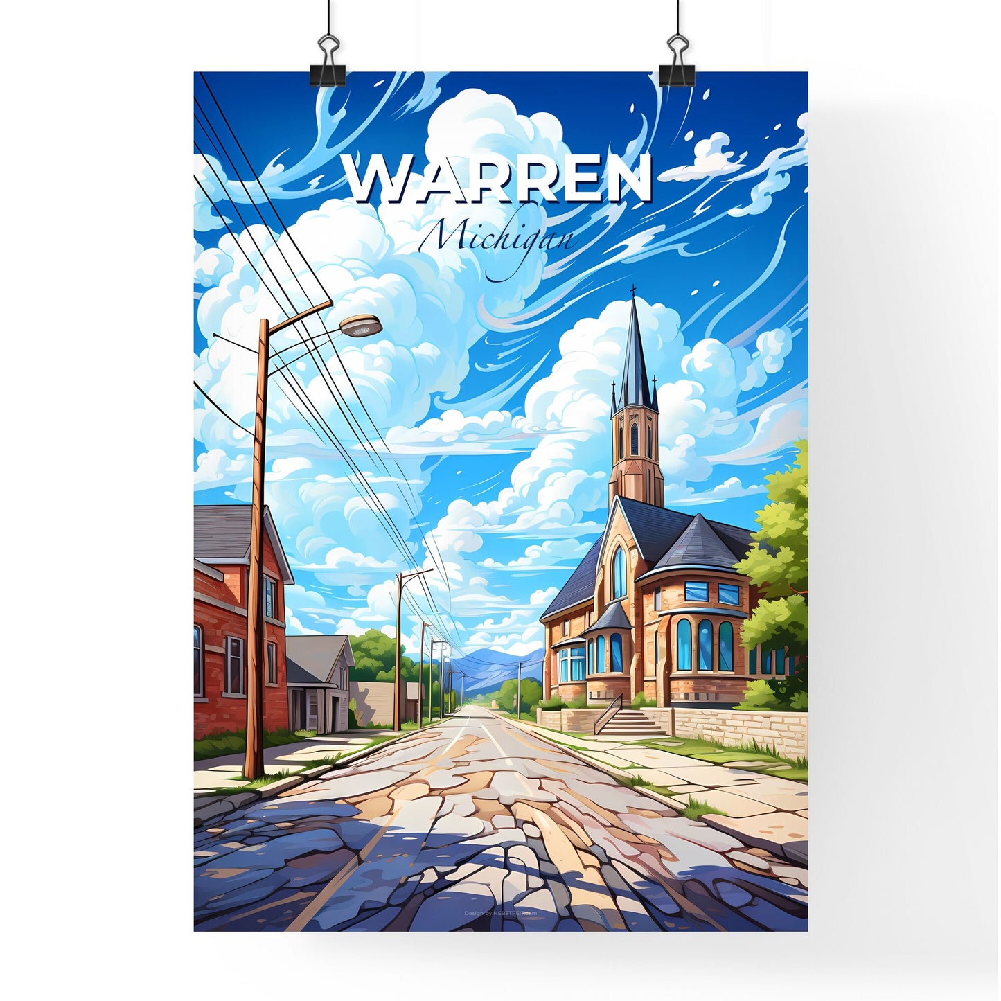 Warren, Michigan, A Poster of a street with houses and a church Default Title