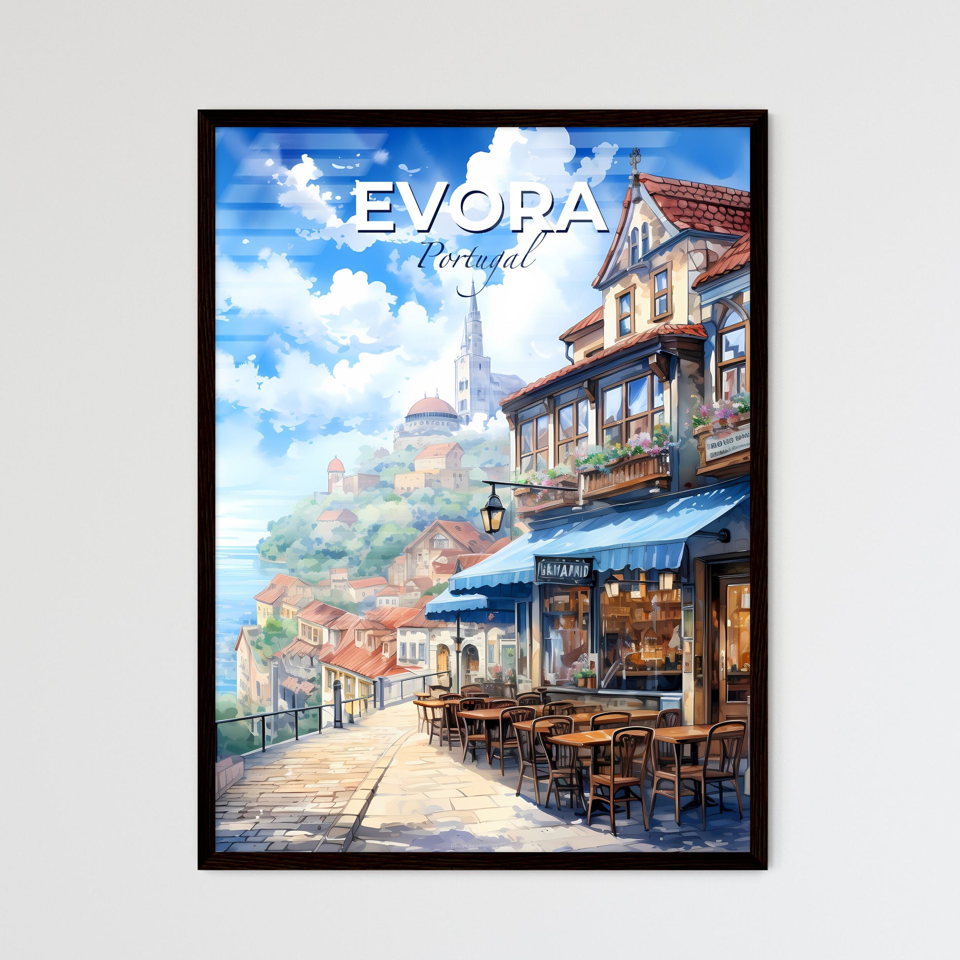 Evora, Portugal, A Poster of a street with tables and chairs on a hill with buildings and a church Default Title