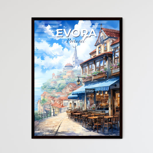 Evora, Portugal, A Poster of a street with tables and chairs on a hill with buildings and a church Default Title