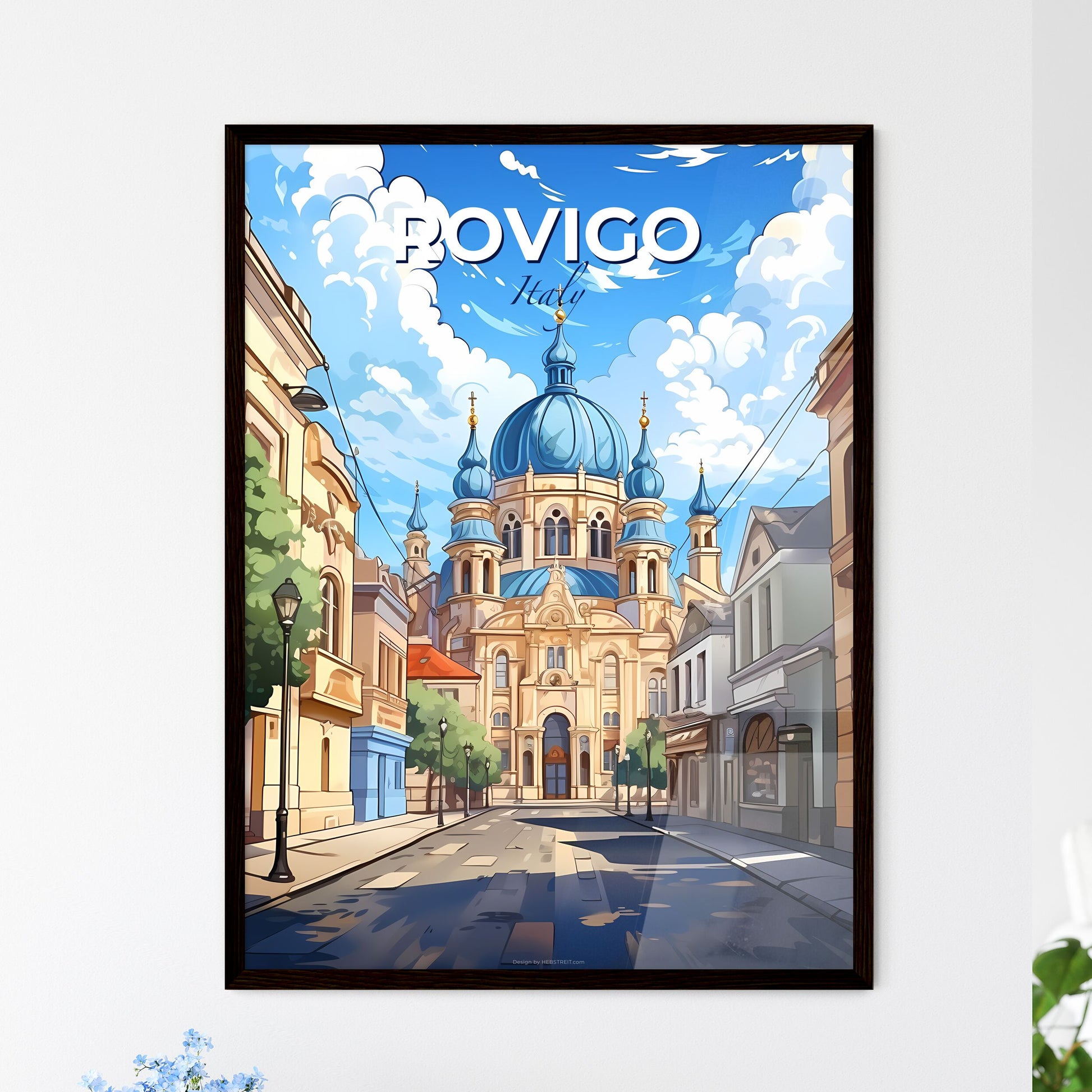 Rovigo, Italy, A Poster of a street with a large building and a blue dome Default Title