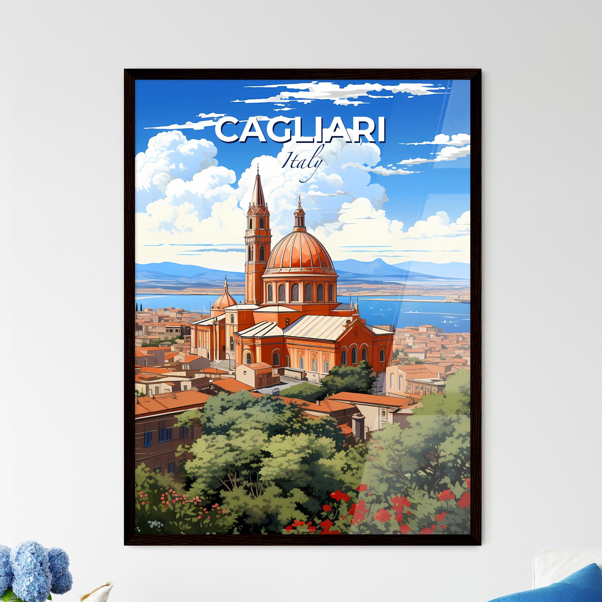 Cagliari, Italy, A Poster of a large building with towers and a body of water in the background Default Title