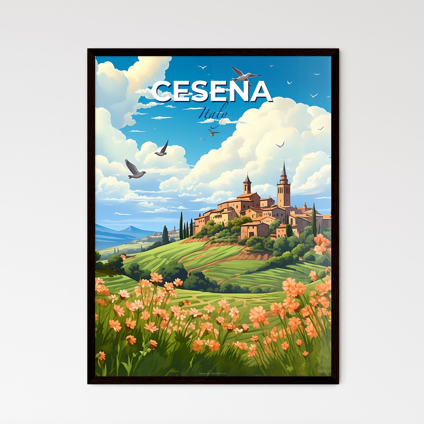 Cesena, Italy, A Poster of a landscape with a town and flowers Default Title