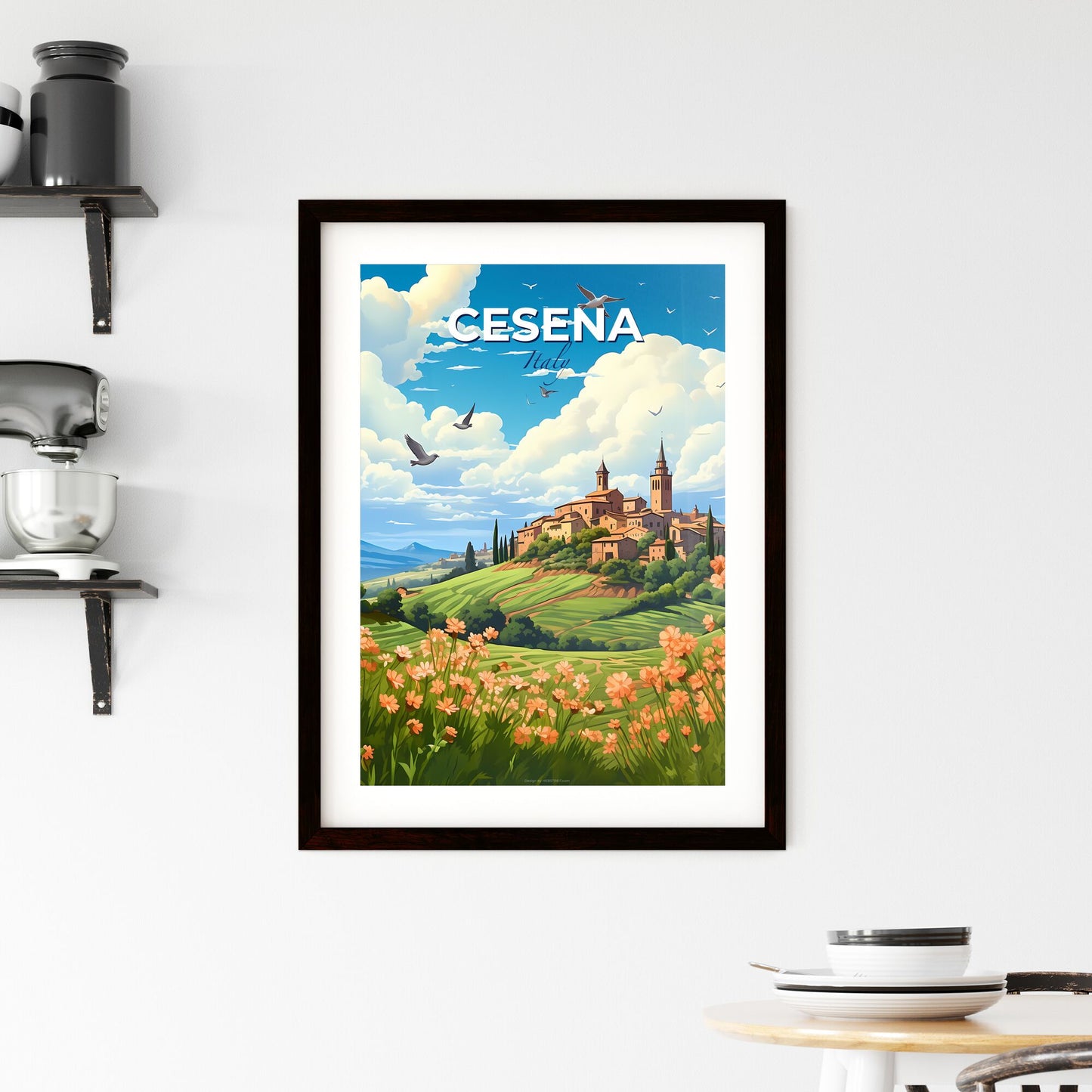 Cesena, Italy, A Poster of a landscape with a town and flowers Default Title