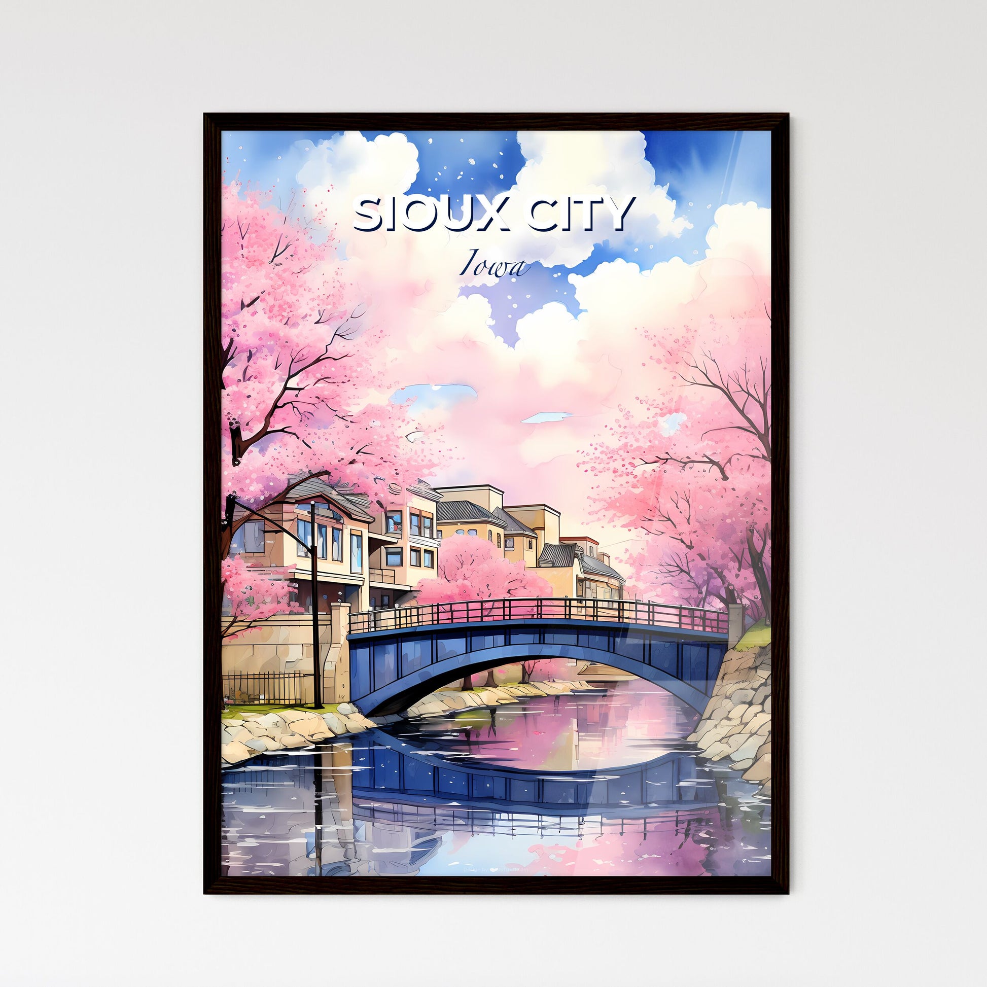 Sioux City, Iowa, A Poster of a bridge over a river with pink trees Default Title