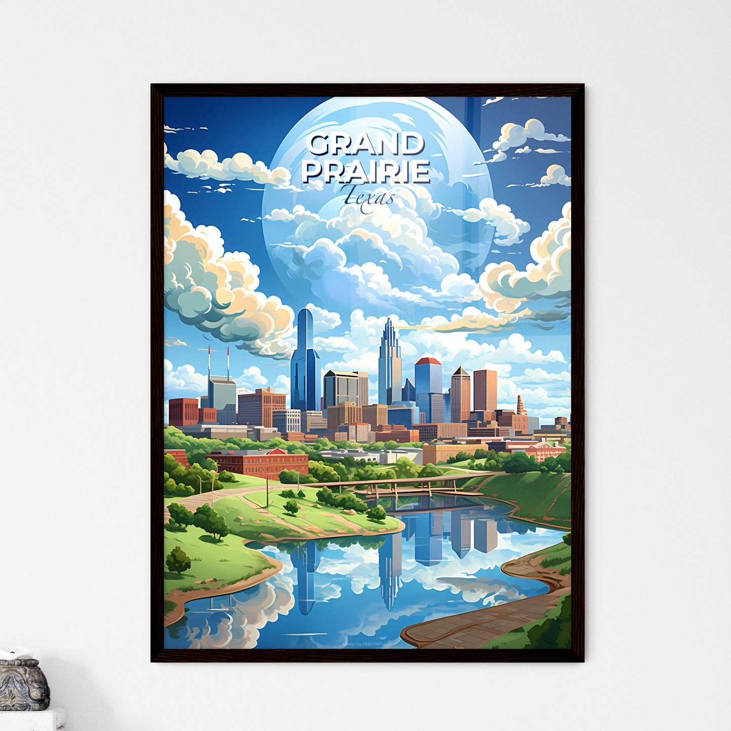 Grand Prairie, Texas, A Poster of a city landscape with a river and clouds Default Title