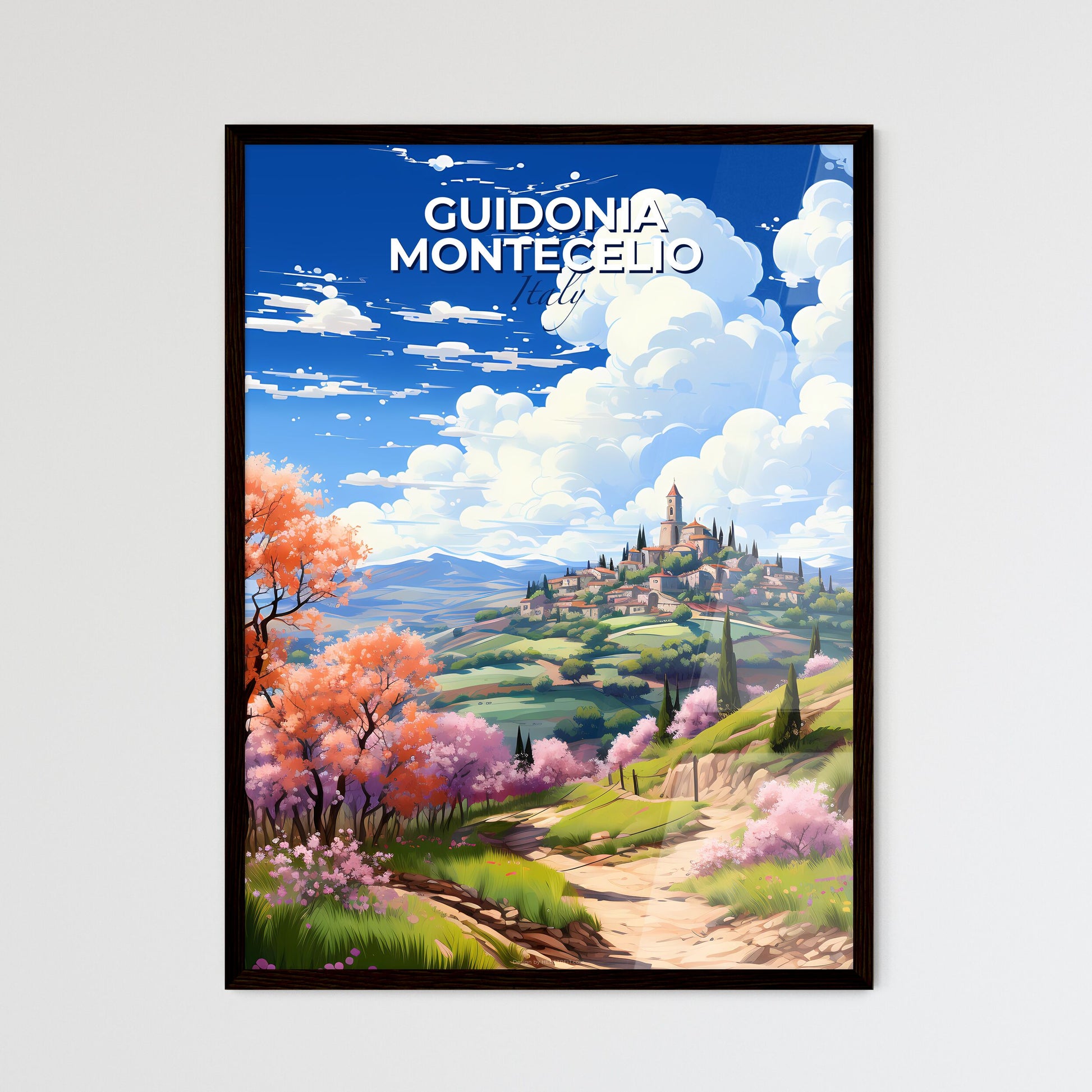 Guidonia Montecelio, Italy, A Poster of a landscape with trees and a building on a hill Default Title