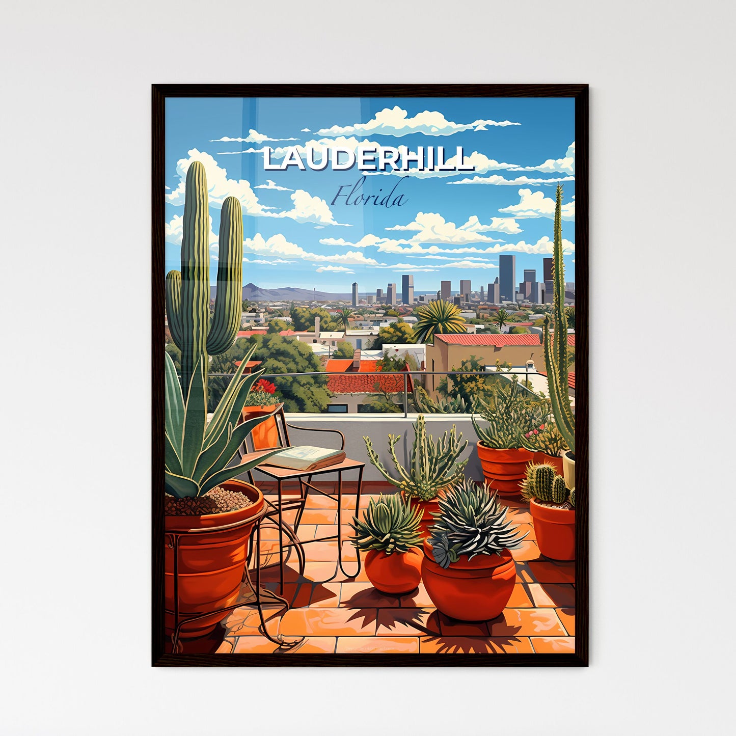 Lauderhill, Florida, A Poster of a rooftop patio with cactuses and a city in the background Default Title