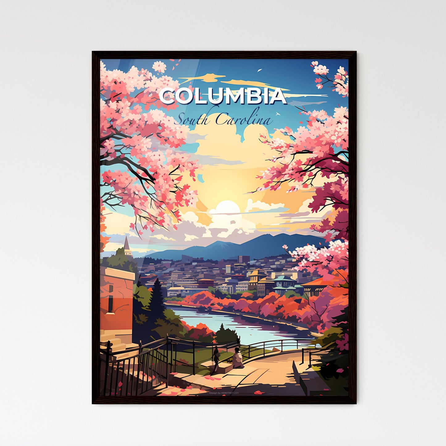 Columbia, South Carolina, A Poster of a painting of a city with pink trees and a river Default Title