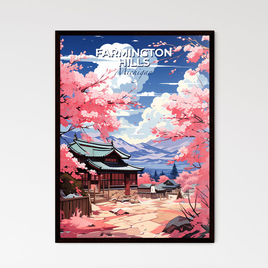 Farmington Hills, Michigan, A Poster of a painting of a japanese house with pink flowers Default Title
