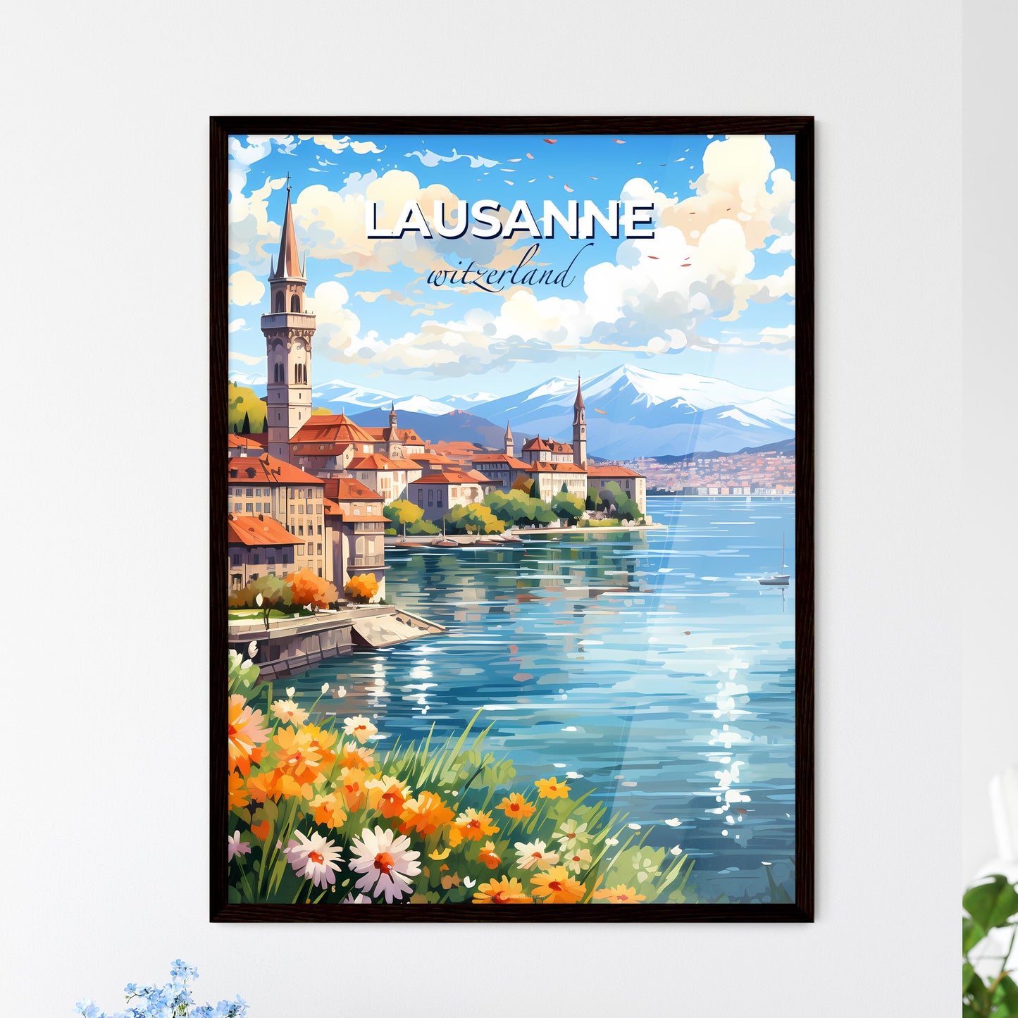 Lausanne, witzerland, A Poster of a water next to a city Default Title