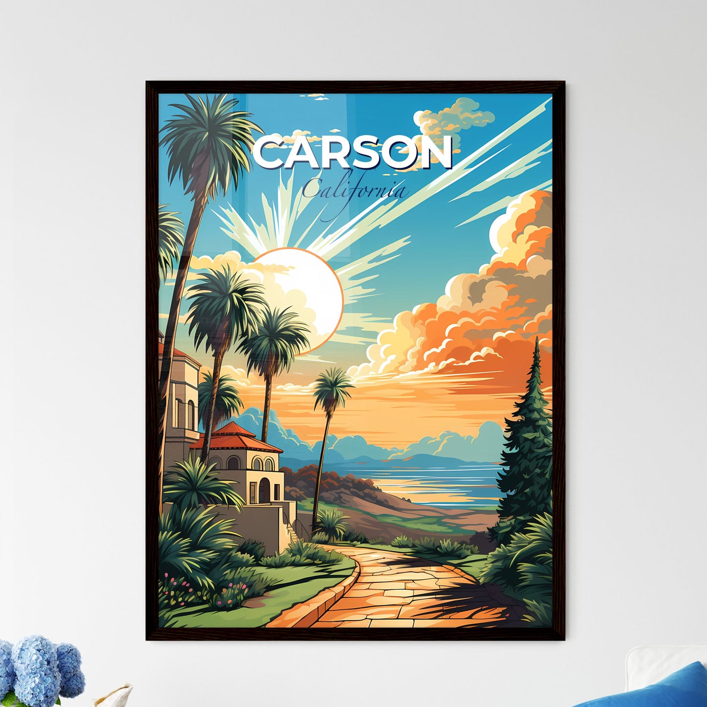 Carson, California, A Poster of a landscape with a house and palm trees Default Title