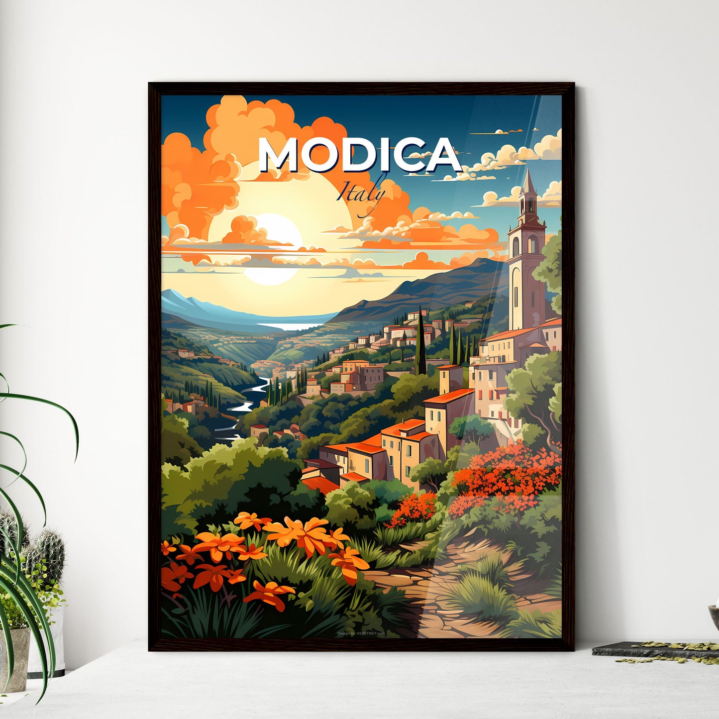 Modica, Italy, A Poster of a landscape with a city and a river Default Title