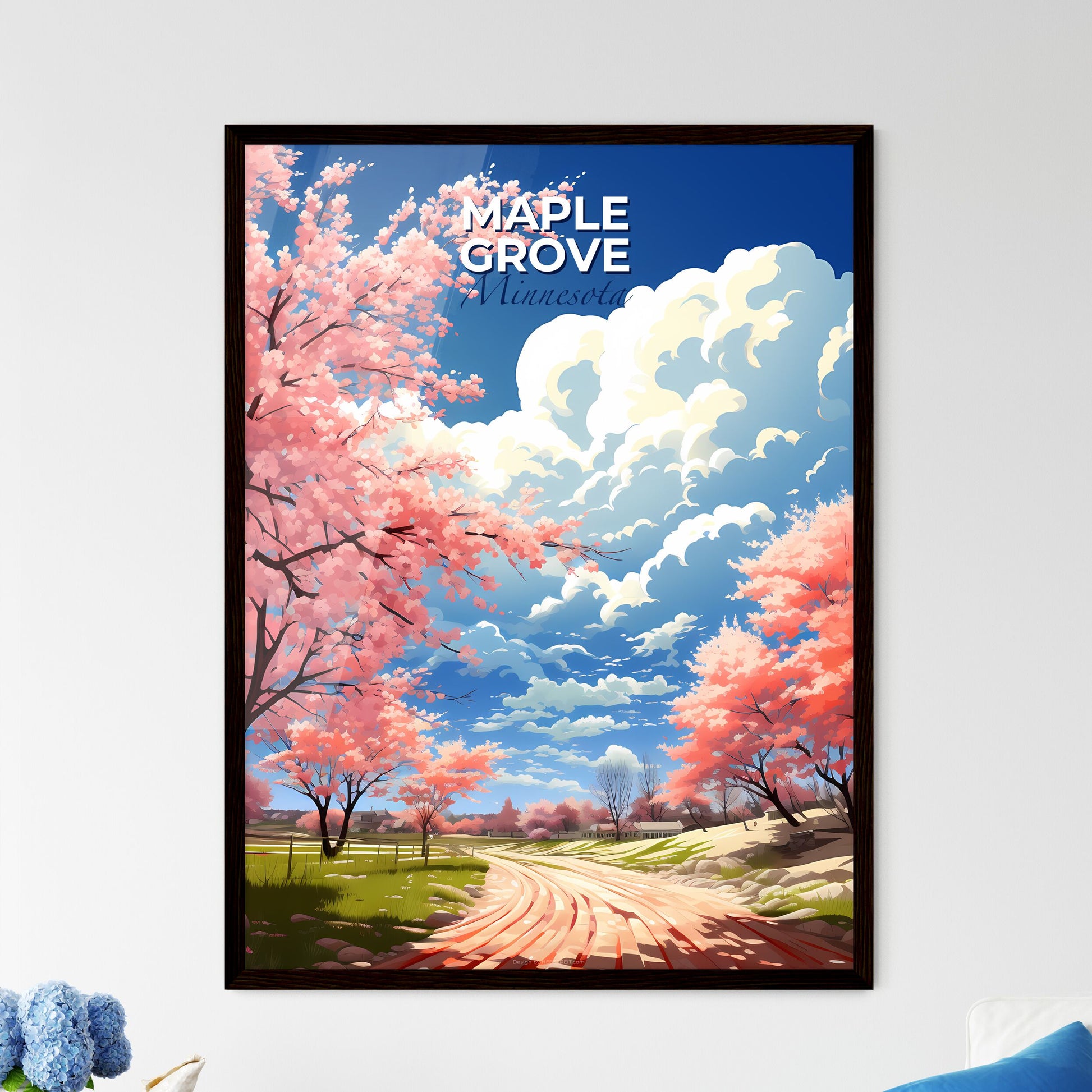 Maple Grove, Minnesota, A Poster of a road with pink trees and blue sky Default Title