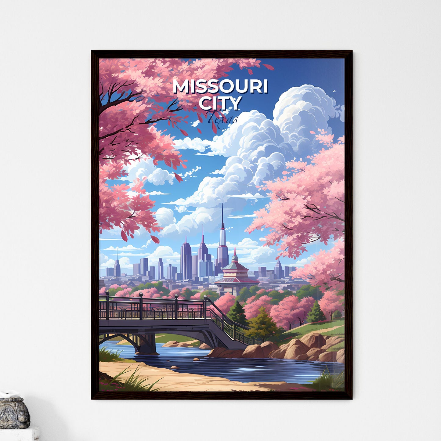 Missouri City, Texas, A Poster of a bridge over a river with pink trees and a city in the background Default Title